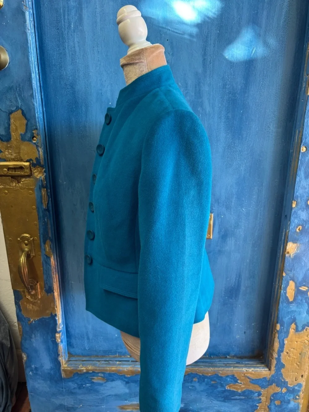 Blue Mandarin Collar Wool Blend Jacket